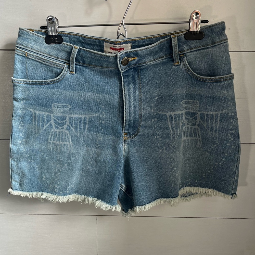 Wrangler Light Blue Denim Jean Shorts with Bleached Graphic